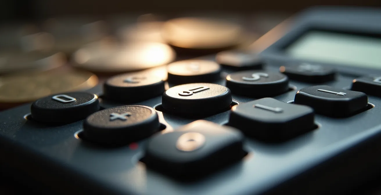 Vue macro d'une calculatrice avec reflet de pièces de monnaie