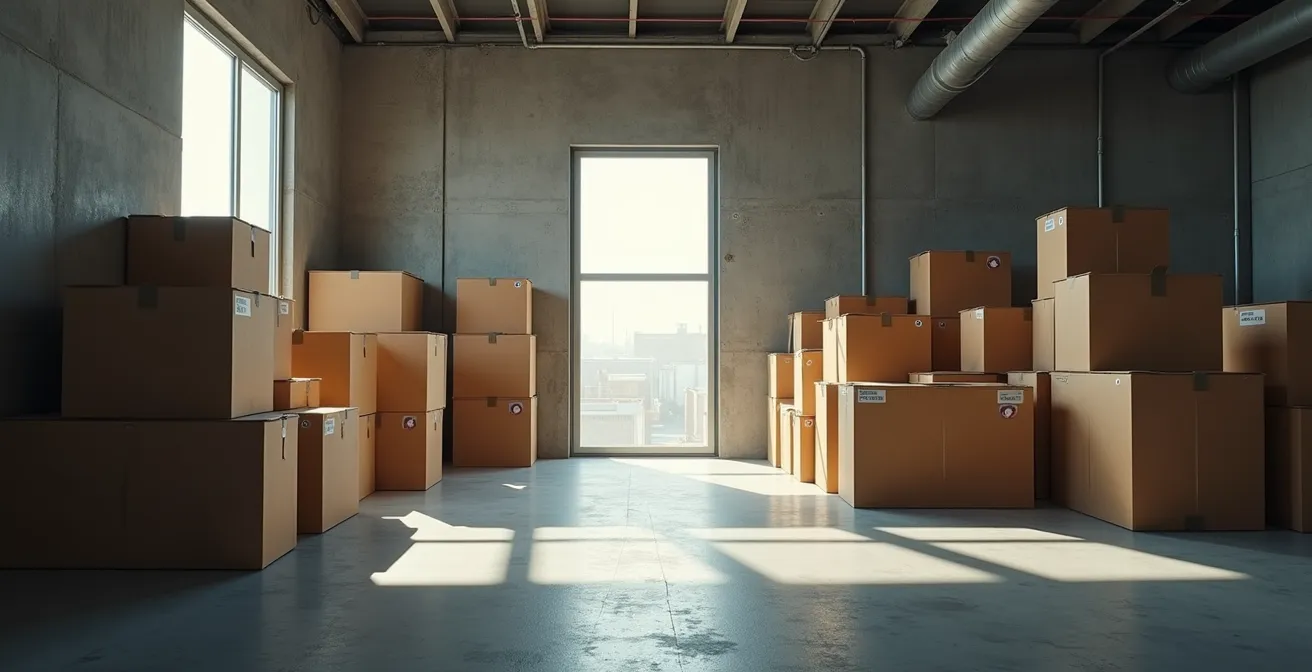 Espace de stockage propre et organisé avec cartons étiquetés