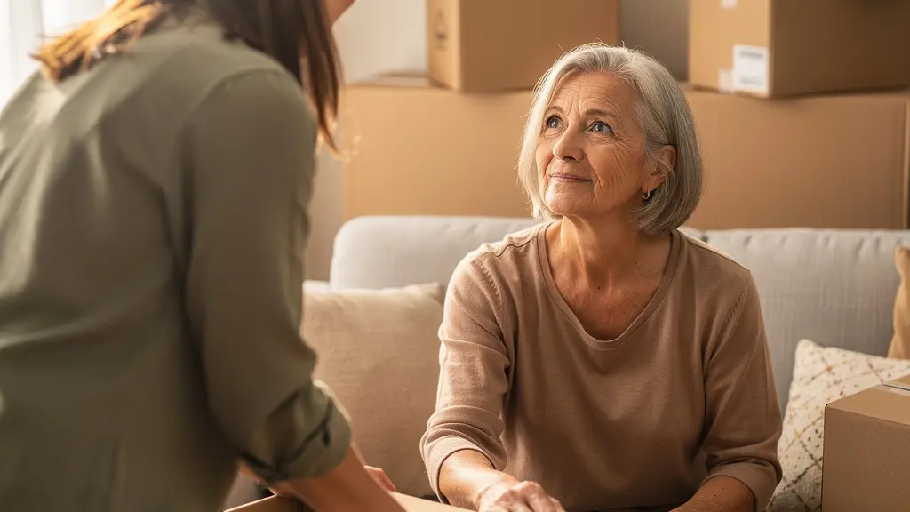 Famille multigénérationnelle préparant le tri des cartons pour un déménagement senior en Bourgogne