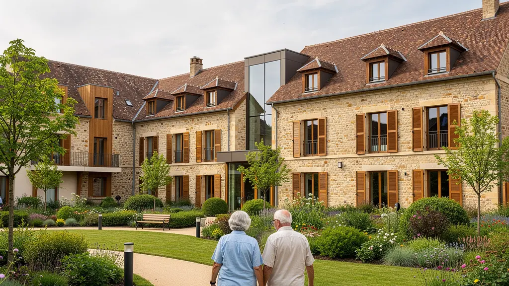 Extérieur d'une résidence senior moderne avec jardin paysager en Bourgogne