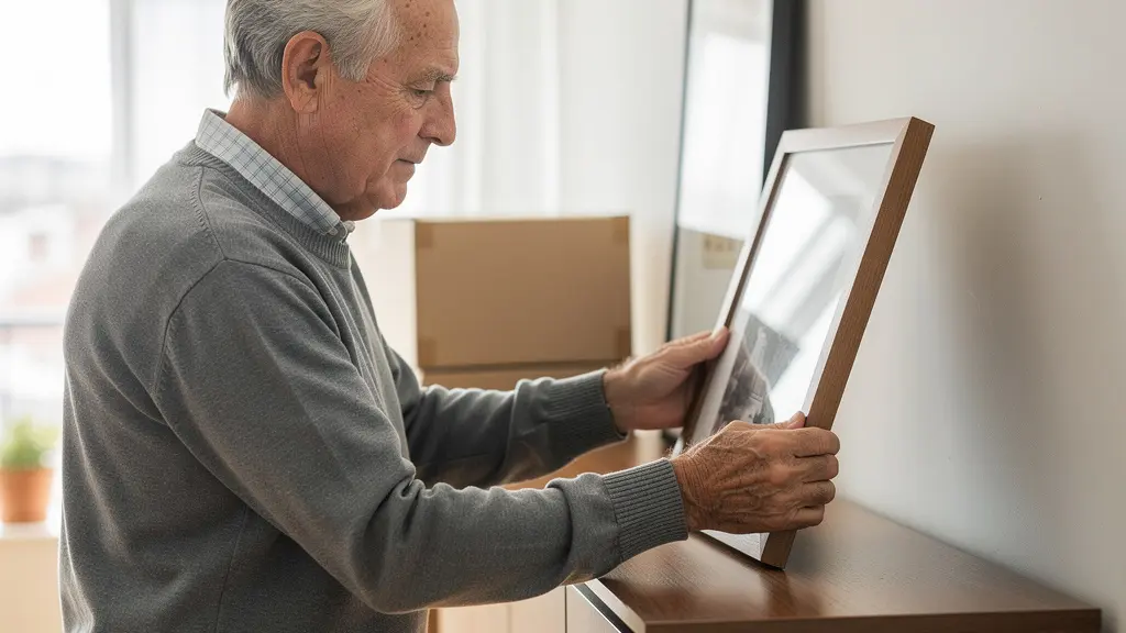 Senior installant un cadre photo dans son nouvel appartement en résidence services