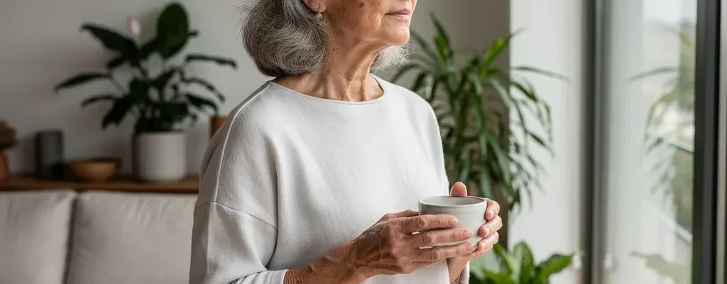 Senior autonome admirant la vue depuis le salon lumineux d'une résidence moderne en Côte-d'Or