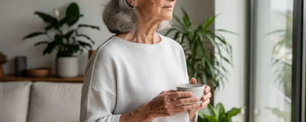 Senior autonome admirant la vue depuis le salon lumineux d'une résidence moderne en Côte-d'Or