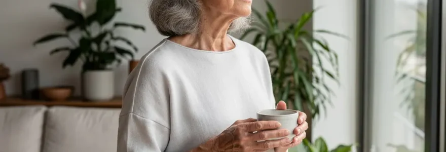 Senior autonome admirant la vue depuis le salon lumineux d'une résidence moderne en Côte-d'Or