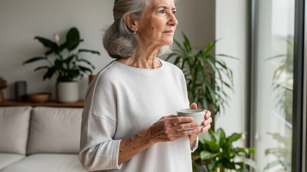 Senior autonome admirant la vue depuis le salon lumineux d'une résidence moderne en Côte-d'Or